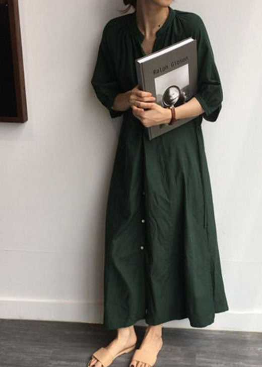 Vintage Tea Green side open Cotton shirt long Dress Half Sleeve