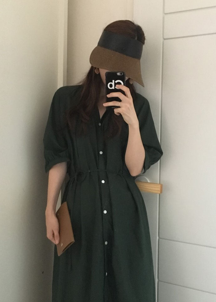 Vintage Tea Green side open Cotton shirt long Dress Half Sleeve