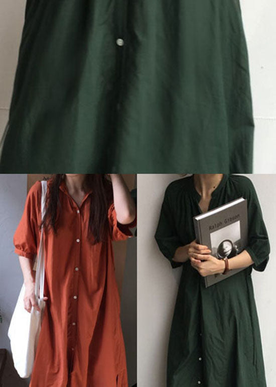 Vintage Tea Green Seite offenes Baumwollhemd langes Kleid mit halben Ärmeln