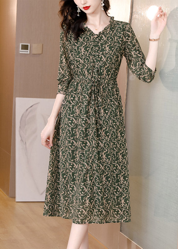 Vintage V Neck Print Drawstring Tie Waist Chiffon Maxi Dress Long Sleeve