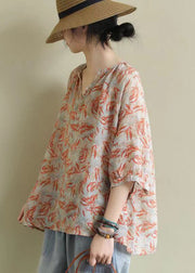 Vintage V Neck Print Loose Fall Shirt Half Sleeve