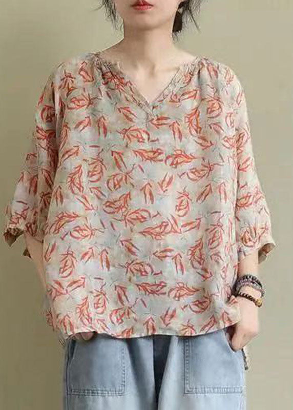 Vintage V-Ausschnitt Print Loose Fall Shirt Half Sleeve