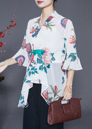 Vintage White Asymmetrical Print Chiffon Shirts Flare Sleeve