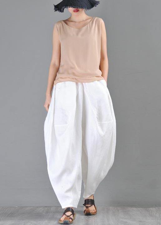 Vintage White Loose Cotton Linen Radish trousers Summer Pants - bagstylebliss