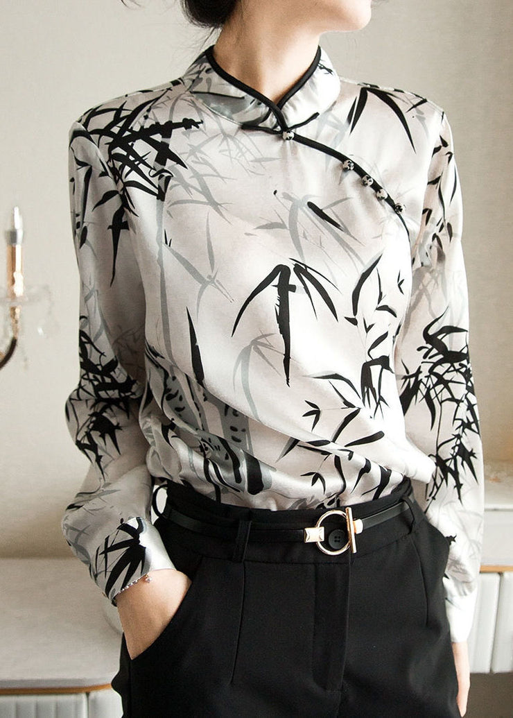 Vintage White Mandarin Collar Print Chiffon Shirt Top Spring