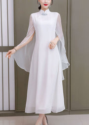 Vintage White Solid Mandarin Collar Shawl Chiffon Cheongsam Dress Sleeveless