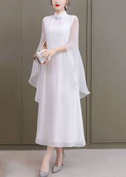 Vintage White Solid Mandarin Collar Shawl Chiffon Cheongsam Dress Sleeveless