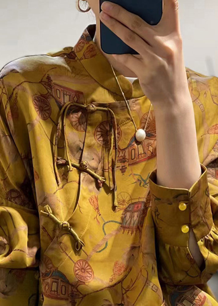 Vintage Yellow Button Print  Silk Shirt Fall