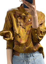 Vintage Yellow Button Print  Silk Shirt Fall