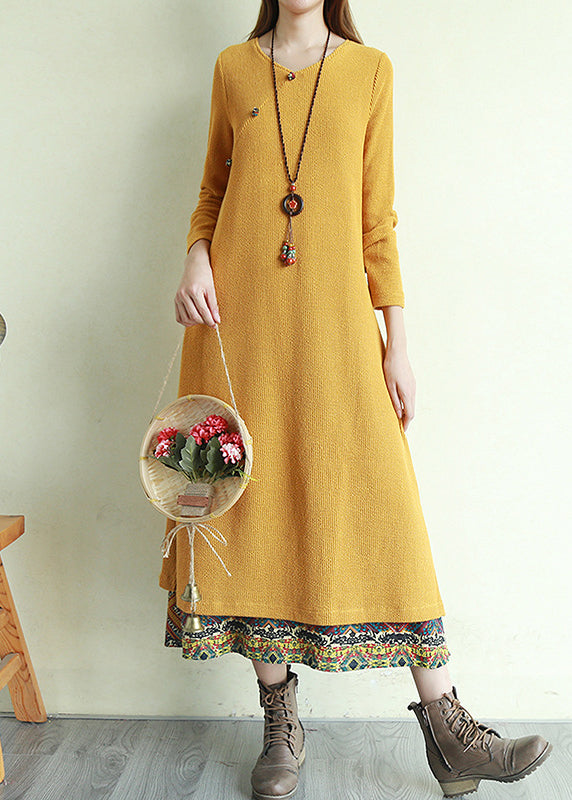 Vintage Yellow Button V Neck Patchwork Long Dresses Long Sleeve