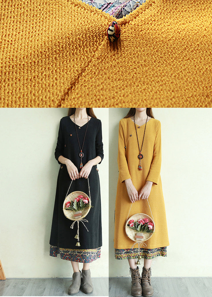 Vintage Yellow Button V Neck Patchwork Long Dresses Long Sleeve