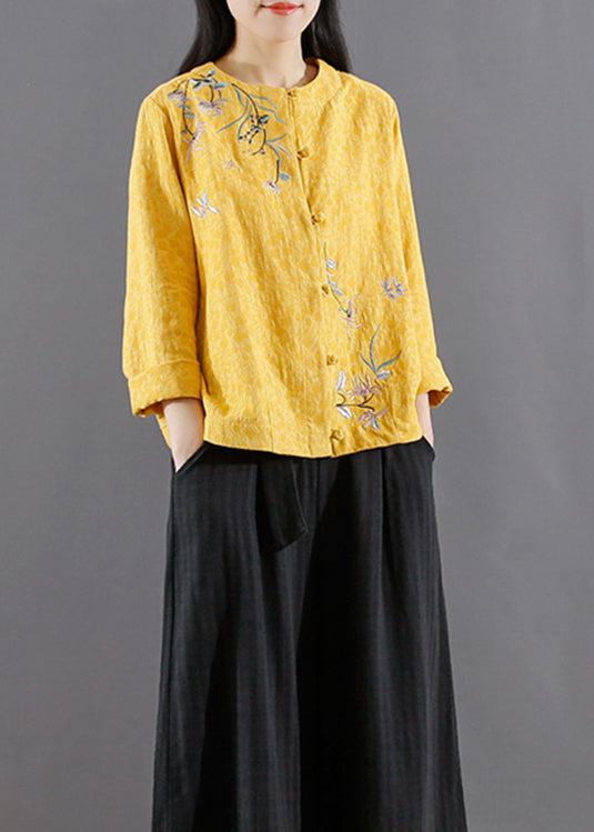 Vintage Yellow Embroidered Button Patchwork Cotton Coats Fall