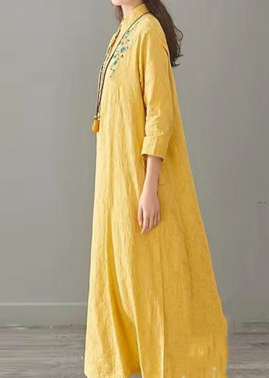 Vintage Yellow Embroidered Patchwork Cotton Long Dresses Fall