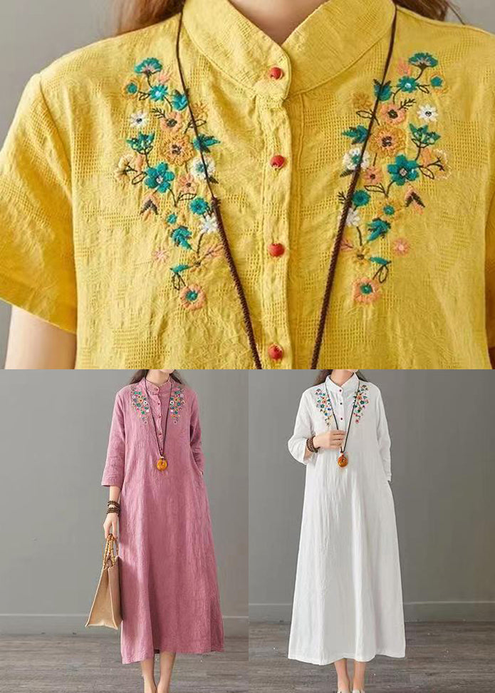 Vintage Yellow Embroidered Patchwork Cotton Long Dresses Fall