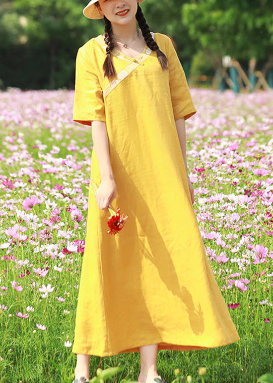 Vintage Yellow Embroideried V Neck Linen Vacation Dresses Short Sleeve