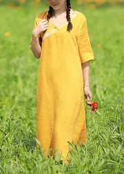 Vintage Yellow Embroideried V Neck Linen Vacation Dresses Short Sleeve