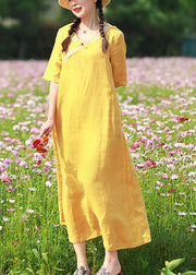 Vintage Yellow Embroideried V Neck Linen Vacation Dresses Short Sleeve