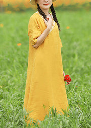 Vintage Yellow Embroideried V Neck Linen Vacation Dresses Short Sleeve