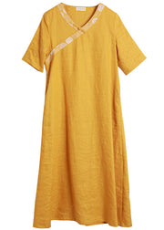 Vintage Yellow Embroideried V Neck Linen Vacation Dresses Short Sleeve