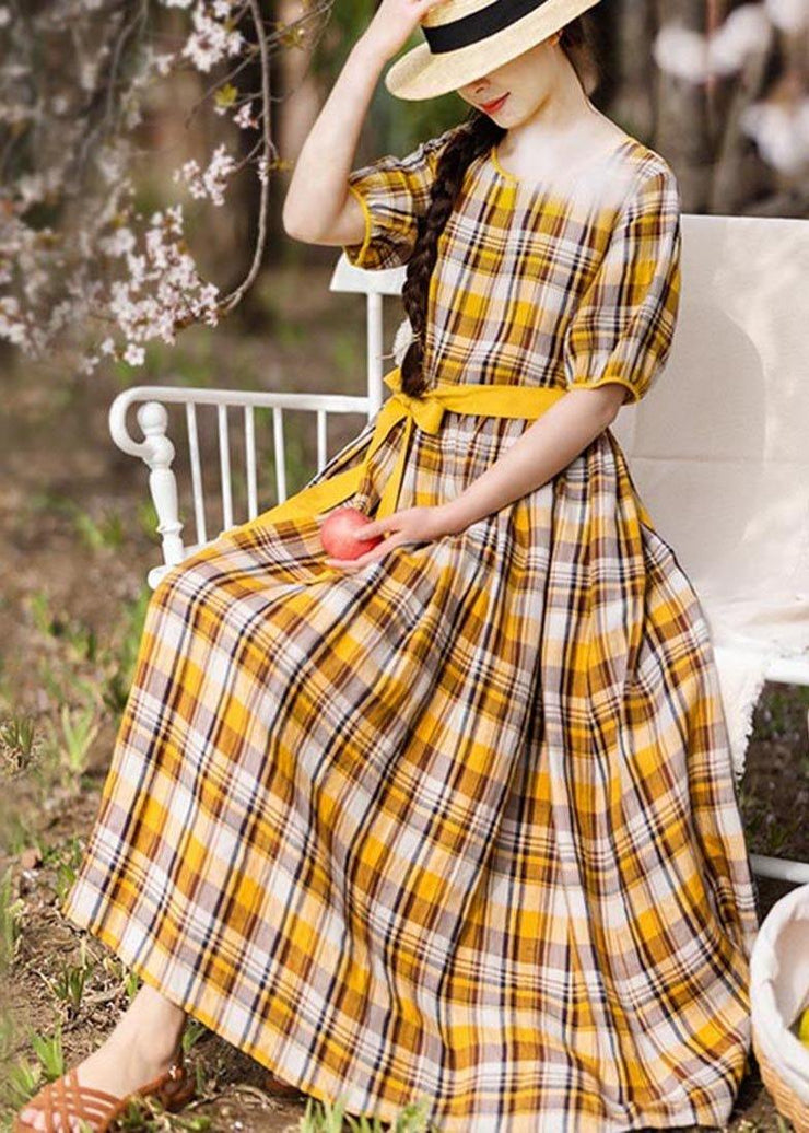 Vintage Yellow Plaid tie waist Mid Summer Linen Dress - bagstylebliss