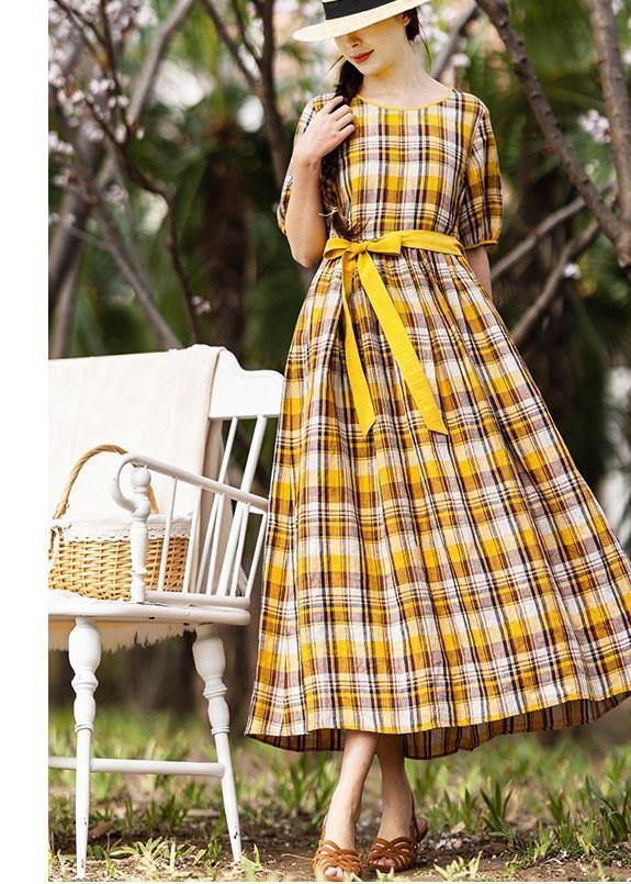 Vintage Yellow Plaid tie waist Mid Summer Linen Dress - bagstylebliss