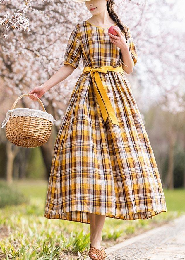 Vintage Yellow Plaid tie waist Mid Summer Linen Dress - bagstylebliss