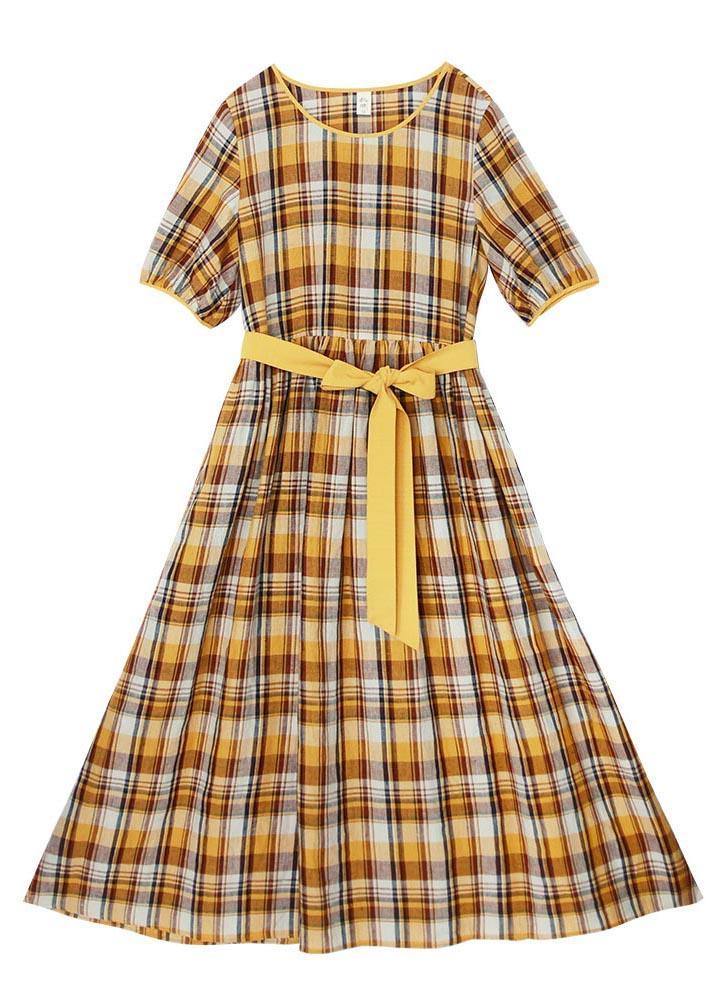 Vintage Yellow Plaid tie waist Mid Summer Linen Dress - bagstylebliss