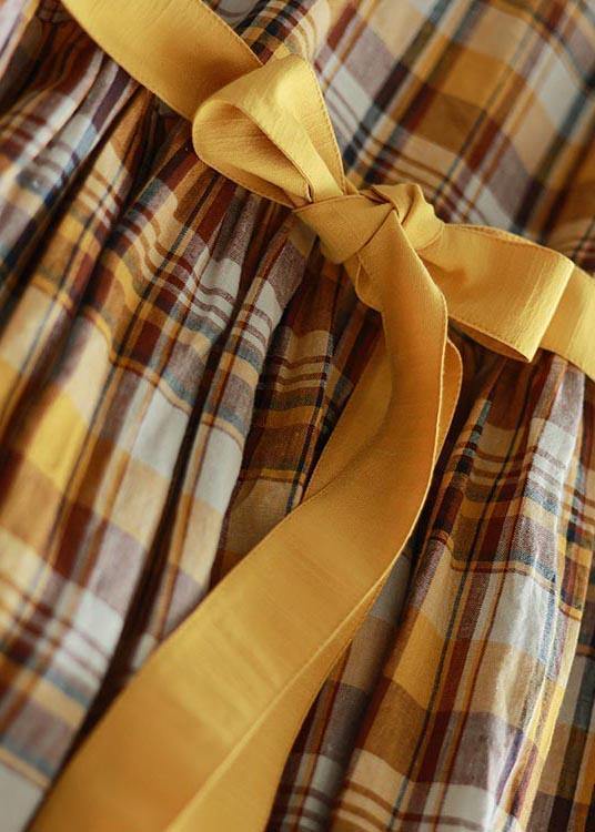 Vintage Yellow Plaid tie waist Mid Summer Linen Dress - bagstylebliss