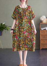 Vintage Yellow Print O-Neck Cotton Long Dresses Short Sleeve