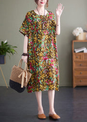 Vintage Yellow Print O-Neck Cotton Long Dresses Short Sleeve