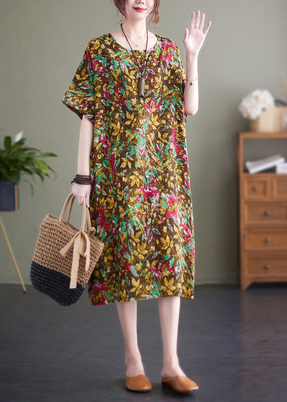 Vintage Yellow Print O-Neck Cotton Long Dresses Short Sleeve