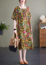 Vintage Yellow Print O-Neck Cotton Long Dresses Short Sleeve