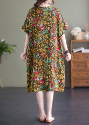 Vintage Yellow Print O-Neck Cotton Long Dresses Short Sleeve