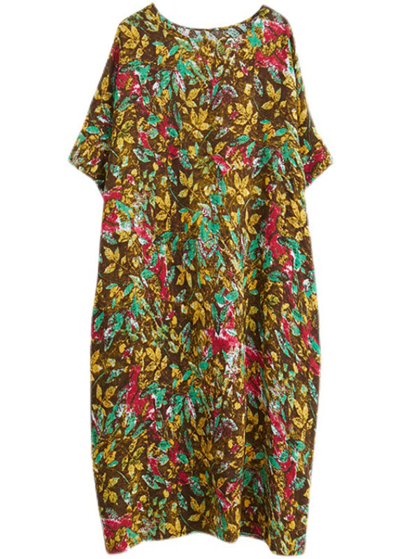 Vintage Yellow Print O-Neck Cotton Long Dresses Short Sleeve