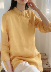 Vintage Yellow Stand Collar Button Cotton Shirt Tops Spring