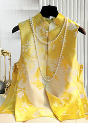 Vintage Yellow Stand Collar Jacquard Silk Top Sleeveless