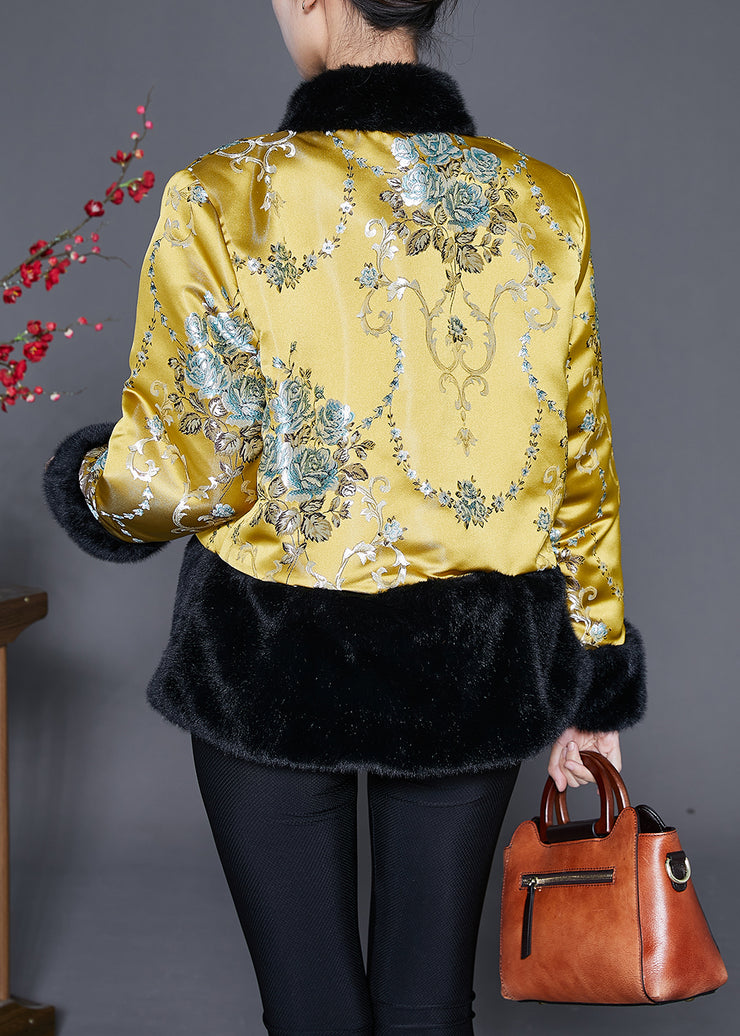 Vintage Yellow Tasseled Patchwork Faux Fur Jacket Winter