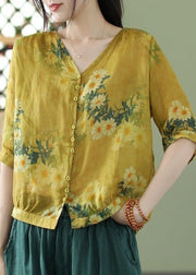 Vintage Yellow V Neck Print Linen Shirt Tops Half Sleeve