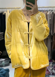 Vintage Yellow button V Neck Fine Cotton Filled coats Winter