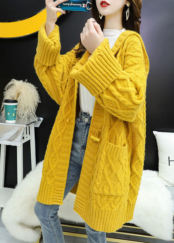 Vintage Yellow hooded Pockets Loose Fall Knit Sweater Coat