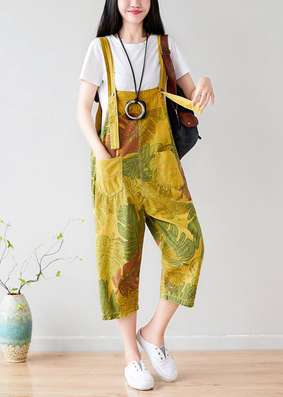 Vintage Yellow pockets print Jumpsuit Summer