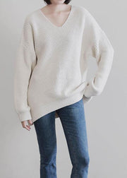 Vintage beige knit tops fall fashion v neck Batwing Sleeve knitted t shirt - bagstylebliss