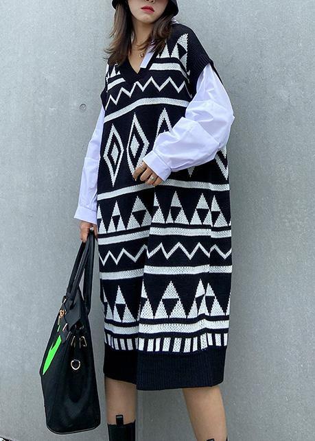 Vintage black Geometric Sweater Wardrobes Beautiful v neck DIY sweater dress - bagstylebliss