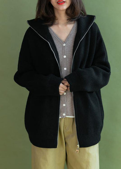 Vintage black Loose fitting winter zippered knit outwear - bagstylebliss