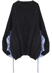 Vintage black crane tops o neck patchwork oversized sweaters - bagstylebliss