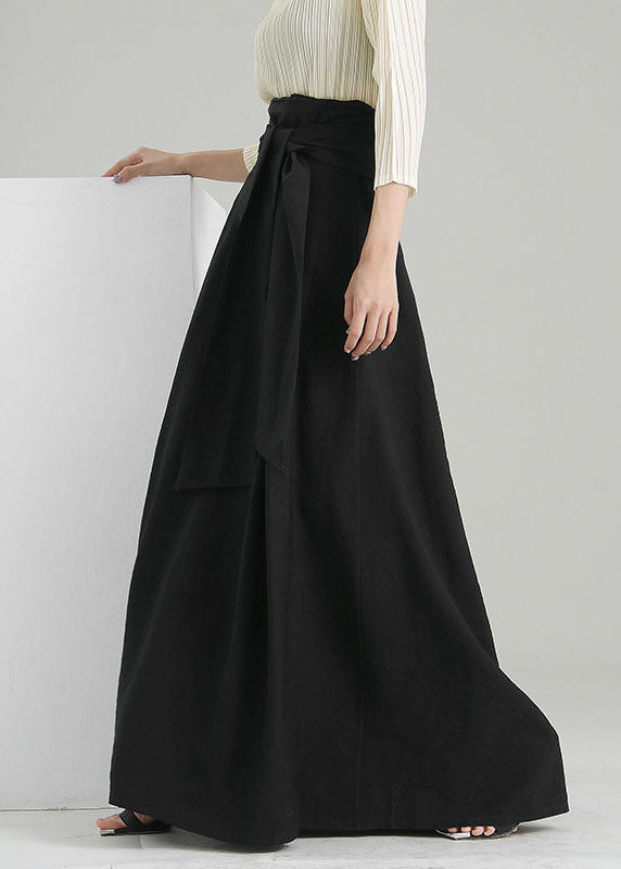 Vintage black tie waist wrinkled maxi Skirts Spring