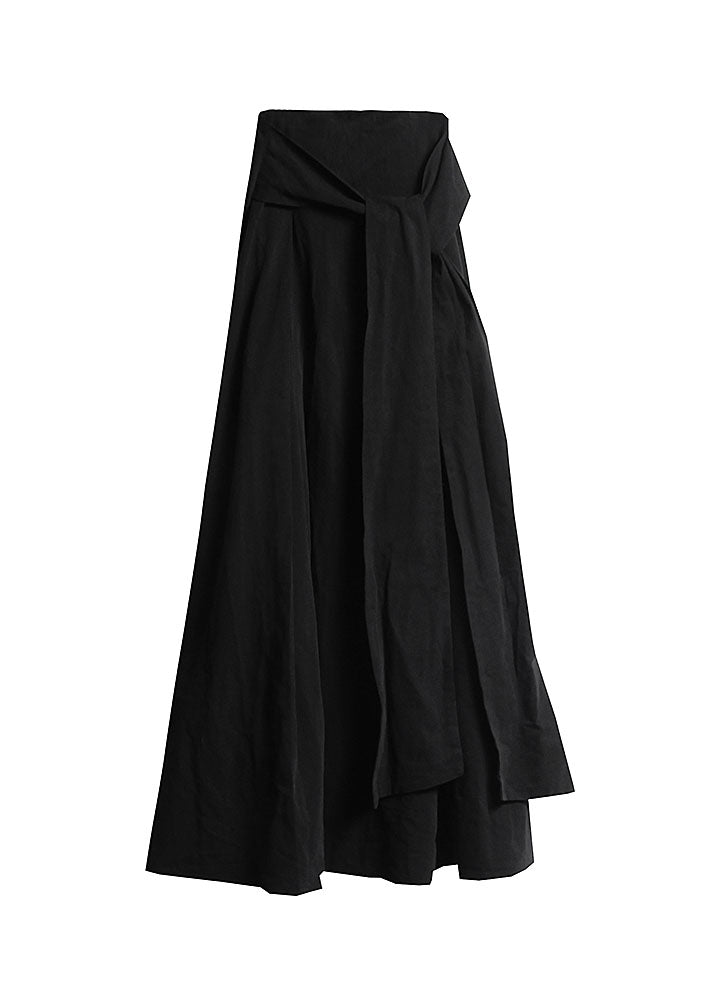 Vintage black tie waist wrinkled maxi Skirts Spring