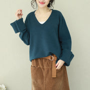 Vintage blue Sweater outfit DIY v neck Hipster knitted tops