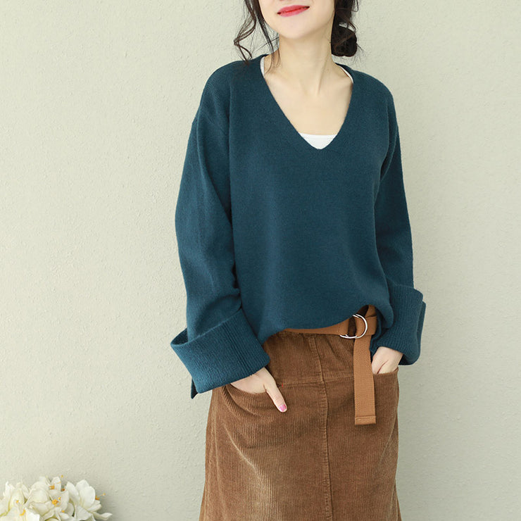 Vintage blue Sweater outfit DIY v neck Hipster knitted tops