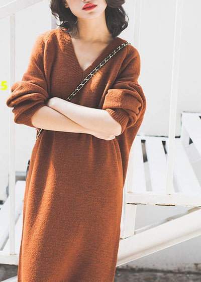 Vintage chocolate Sweater Wardrobes Street Style v neck baggy daily sweater dresses - bagstylebliss